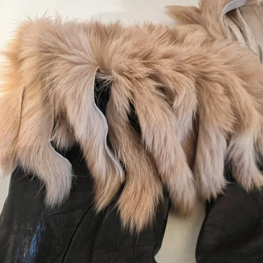 Portolano Brown Italian Leather Gloves Fur Cuff Cashmere Lined Women's Size 6.5